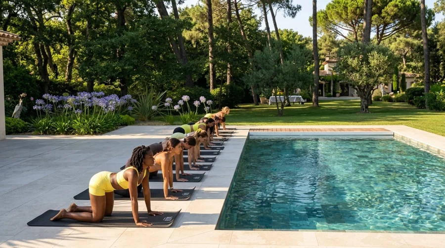 Séance de Pilates au bord de la piscine